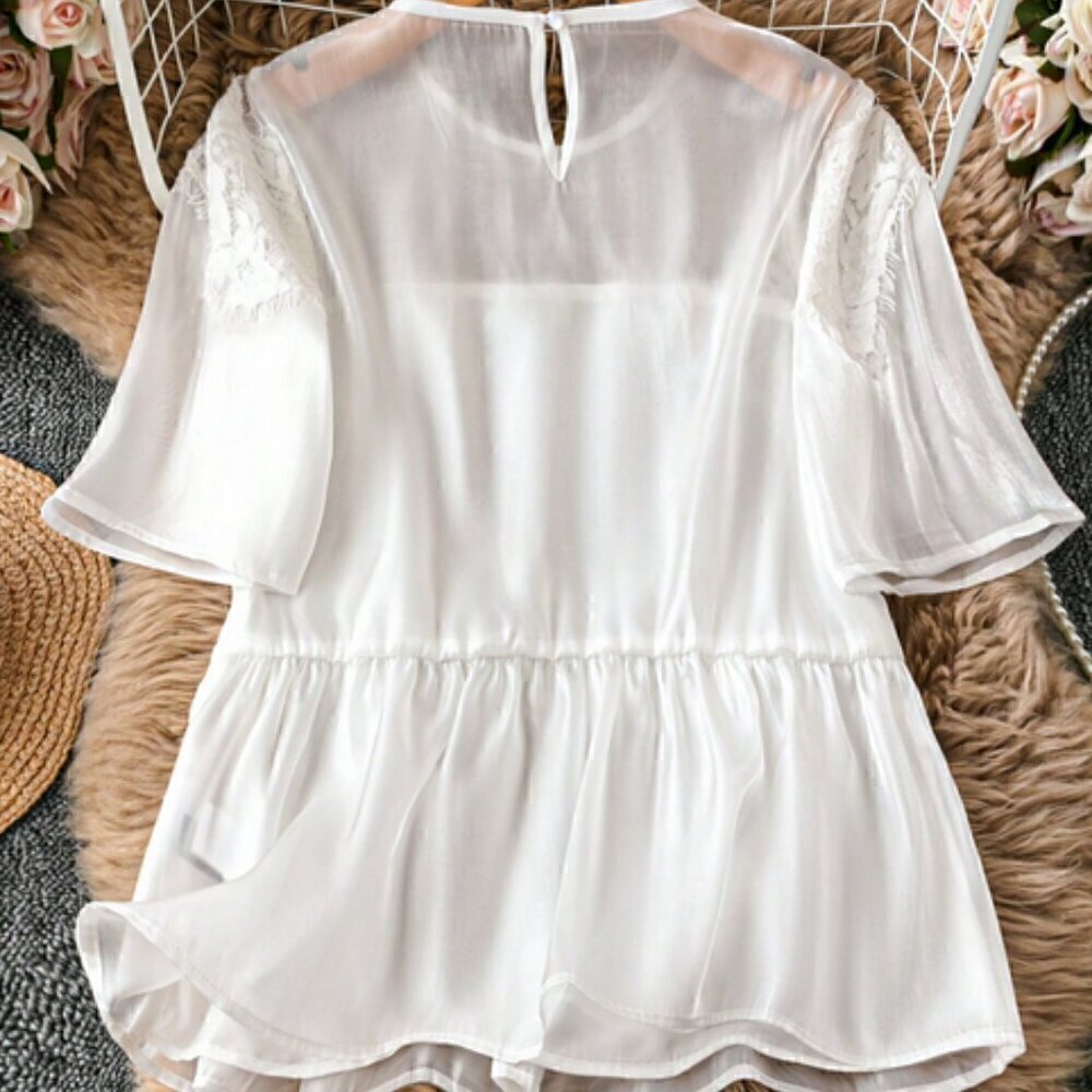 Women's Stylish Lace Mesh round neck Design Summer blouse Top -white - Picture 3 of 5
